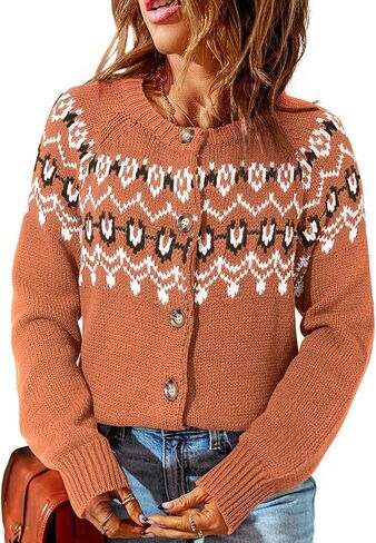 Dokotoo Womens Cardigans Casual Long Sleeve Chunky Knit Fall Winter Button Down Fair Isle Cardigan Sweaters in Saudi Arabia