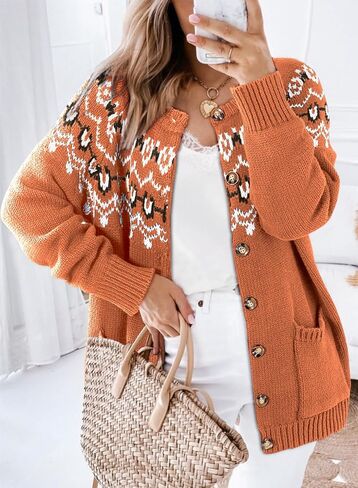 Dokotoo Womens Cardigans Casual Long Sleeve Chunky Knit Fall Winter Button Down Fair Isle Cardigan Sweaters in Saudi Arabia