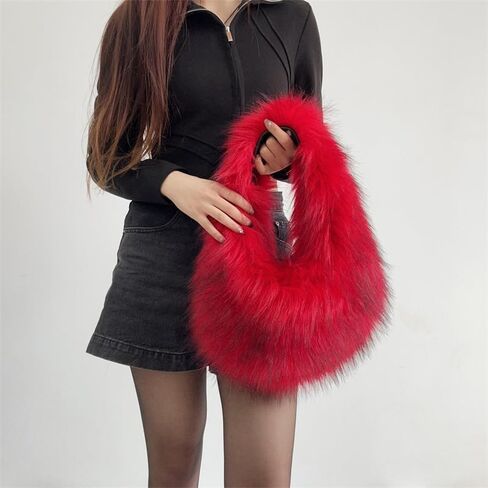 Faux Fur Hobo Bag for Women Large Shoulder Bag Cute Fluffy Tote Bag Plush Handbag Y2K Furry Purse in Saudi Arabia