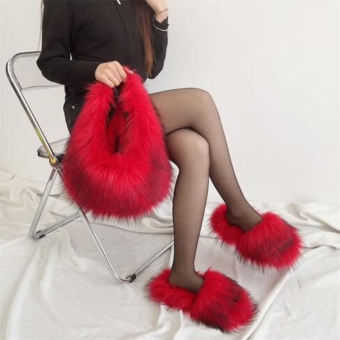Faux Fur Hobo Bag for Women Large Shoulder Bag Cute Fluffy Tote Bag Plush Handbag Y2K Furry Purse in Saudi Arabia