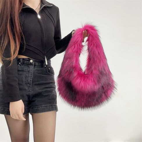 Faux Fur Hobo Bag for Women Large Shoulder Bag Cute Fluffy Tote Bag Plush Handbag Y2K Furry Purse in Saudi Arabia