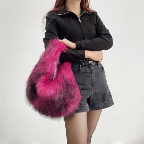 Faux Fur Hobo Bag for Women Large Shoulder Bag Cute Fluffy Tote Bag Plush Handbag Y2K Furry Purse in Saudi Arabia