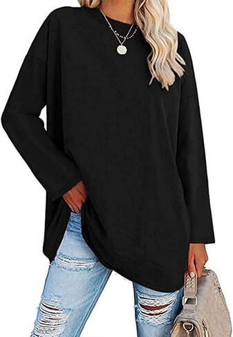 تي شيرت نسائي كبير الحجم برقبة دائرية تي شيرت فضفاض بأكمام طويلة تونك 2024 تي شيرت مريح من القطن للاستراحة in Kuwait