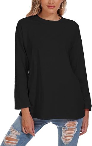 تي شيرت نسائي كبير الحجم برقبة دائرية تي شيرت فضفاض بأكمام طويلة تونك 2024 تي شيرت مريح من القطن للاستراحة in Kuwait