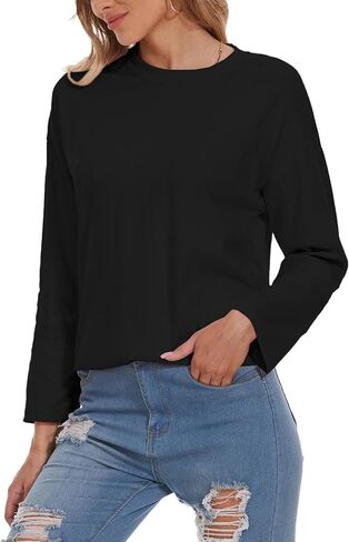 تي شيرت نسائي كبير الحجم برقبة دائرية تي شيرت فضفاض بأكمام طويلة تونك 2024 تي شيرت مريح من القطن للاستراحة in Kuwait