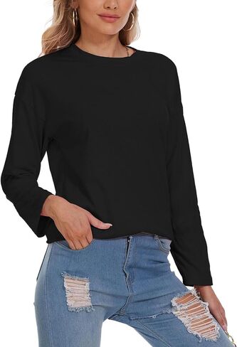 تي شيرت نسائي كبير الحجم برقبة دائرية تي شيرت فضفاض بأكمام طويلة تونك 2024 تي شيرت مريح من القطن للاستراحة in Kuwait