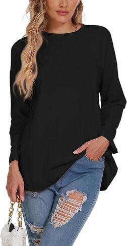 تي شيرت نسائي كبير الحجم برقبة دائرية تي شيرت فضفاض بأكمام طويلة تونك 2024 تي شيرت مريح من القطن للاستراحة in Kuwait