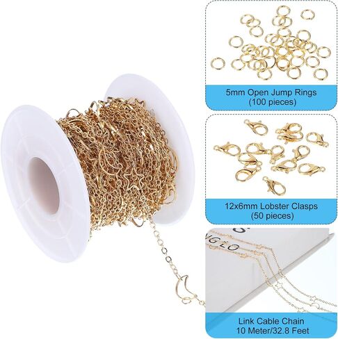 PATIKIL Copper Jewelry Chain, 33Ft Star Moon Link Cable Chains for Necklace Earring Bracelet Findings Jewelry Making Trucker Hat Chains, Gold in Saudi Arabia