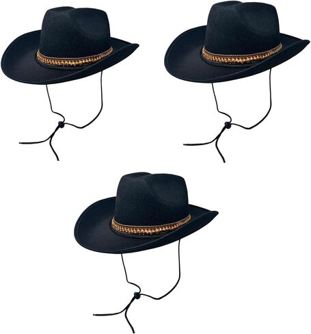 قبعة رعاة البقر سوداء أصلية مع شريط ذهبي 3 عبوات مقاس واحد يناسب الجميع in Kuwait