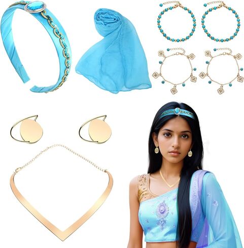 Arabian Princess Costume Accessories Halloween Dress Up Accessories for Women Headband Choker Earrings Blue Cape in Saudi Arabia