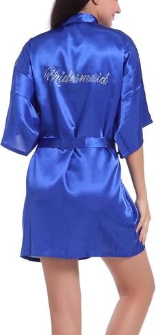 Women's Satin Kimono Short Robe for Bridesmaid Wedding Party Getting Ready Robes with Rhinestones Dressing Gown in Saudi Arabia