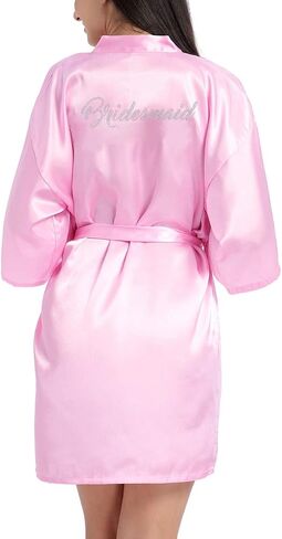 Women's Satin Kimono Short Robe for Bridesmaid Wedding Party Getting Ready Robes with Rhinestones Dressing Gown in Saudi Arabia