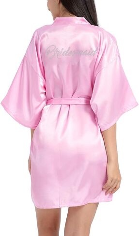 Women's Satin Kimono Short Robe for Bridesmaid Wedding Party Getting Ready Robes with Rhinestones Dressing Gown in Saudi Arabia