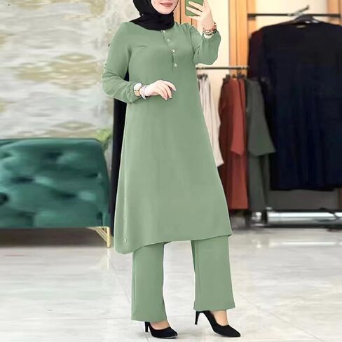 IDOPIP عباية نسائية إسلامية طقم مكون من قطعتين بأكمام طويلة وأزرار للأسفل قميص وسروال ملابس غير رسمية عربية إسلامية في دبي in Saudi Arabia