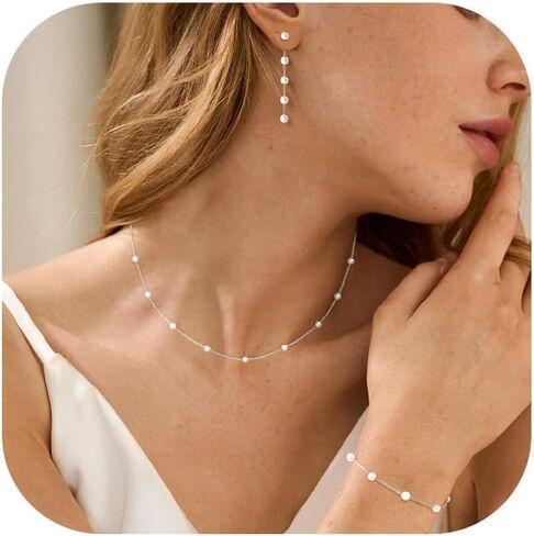 Silver Jewelry Set for Women, Long Pearl Earrings Dainty 14K Gold/Silver Plated Pearl Necklace and Earring Set Bridal Pearl Drop Earrings Pearl Choker Necklace Wedding Bridesmaid Jewelry Set Gifts for Women in Kuwait