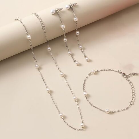 Silver Jewelry Set for Women, Long Pearl Earrings Dainty 14K Gold/Silver Plated Pearl Necklace and Earring Set Bridal Pearl Drop Earrings Pearl Choker Necklace Wedding Bridesmaid Jewelry Set Gifts for Women in Kuwait