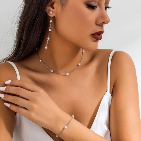 Silver Jewelry Set for Women, Long Pearl Earrings Dainty 14K Gold/Silver Plated Pearl Necklace and Earring Set Bridal Pearl Drop Earrings Pearl Choker Necklace Wedding Bridesmaid Jewelry Set Gifts for Women in Kuwait