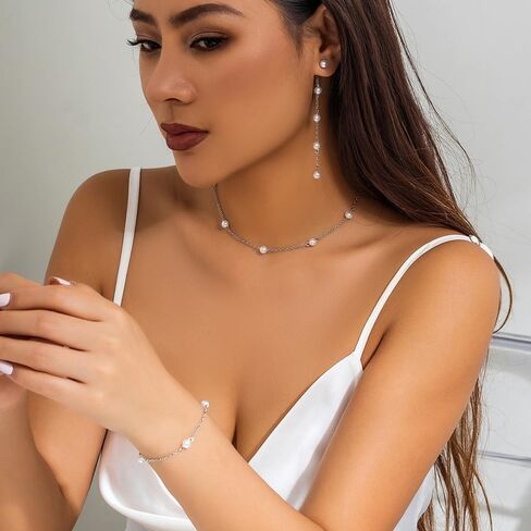 Silver Jewelry Set for Women, Long Pearl Earrings Dainty 14K Gold/Silver Plated Pearl Necklace and Earring Set Bridal Pearl Drop Earrings Pearl Choker Necklace Wedding Bridesmaid Jewelry Set Gifts for Women in Kuwait