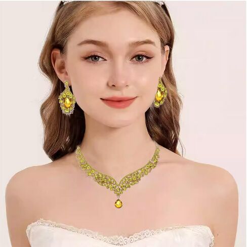 Beaded Necklace and Earring Set with Rhinestone Chains, Clear Stones, Fashion Jewelry Accessories for Women in Kuwait
