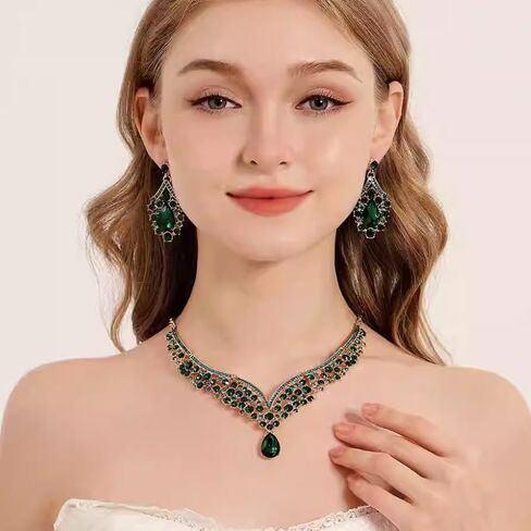 Beaded Necklace and Earring Set with Rhinestone Chains, Clear Stones, Fashion Jewelry Accessories for Women in Kuwait