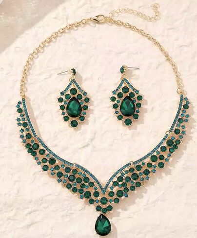 Beaded Necklace and Earring Set with Rhinestone Chains, Clear Stones, Fashion Jewelry Accessories for Women in Kuwait
