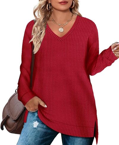 RITERA Plus Size Women Sweaters Waffle Knit Pullover Top Long Sleeve Casual Crewneck Shirt Loose Split Hem Fall Winter Blouse in Saudi Arabia