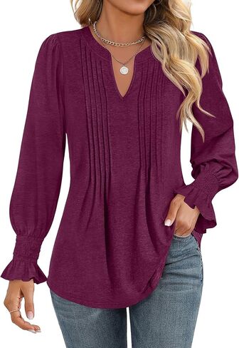 Ficerd Women's Long Sleeve Tunic Tops Ruffle Sleeve V Neck Pleated Puff Shirts Dressy Casual Loose Fall Winter Blouses in Kuwait