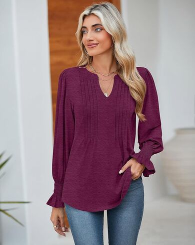 Ficerd Women's Long Sleeve Tunic Tops Ruffle Sleeve V Neck Pleated Puff Shirts Dressy Casual Loose Fall Winter Blouses in Kuwait