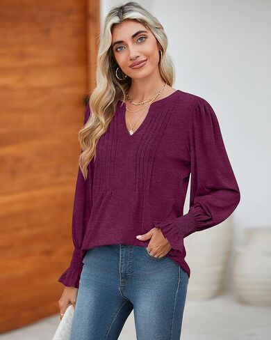 Ficerd Women's Long Sleeve Tunic Tops Ruffle Sleeve V Neck Pleated Puff Shirts Dressy Casual Loose Fall Winter Blouses in Kuwait