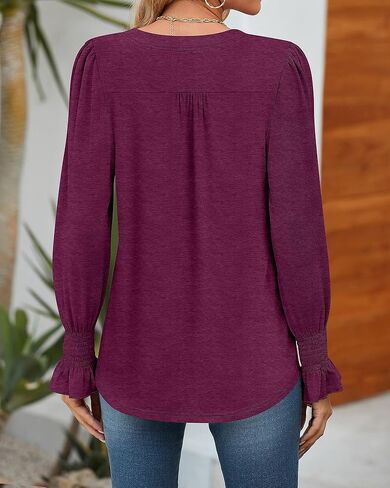 Ficerd Women's Long Sleeve Tunic Tops Ruffle Sleeve V Neck Pleated Puff Shirts Dressy Casual Loose Fall Winter Blouses in Kuwait