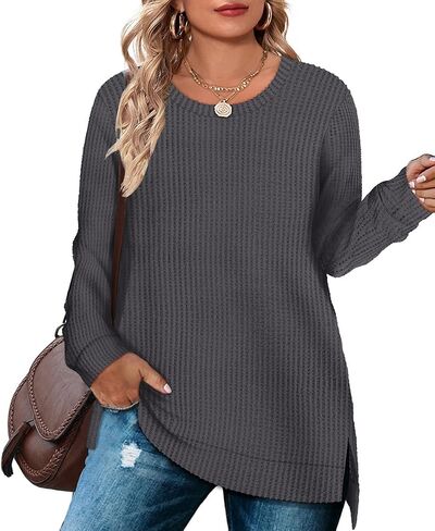 RITERA Plus Size Women Sweaters Waffle Knit Pullover Top Long Sleeve Casual Crewneck Shirt Loose Split Hem Fall Winter Blouse in Saudi Arabia