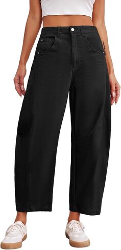 Cicy Bell Womens Baggy Barrel Horseshoe Pants Casual Wide Leg Mid Rise Cropped Pants with Pockets in Kuwait