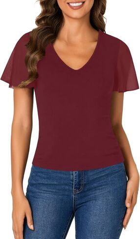 Rooscier Womens V Neck Mesh Short Sleeve Shirts Dressy Casual Tight Fitted Blouses Top in Saudi Arabia