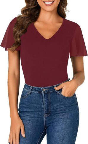 Rooscier Womens V Neck Mesh Short Sleeve Shirts Dressy Casual Tight Fitted Blouses Top in Saudi Arabia