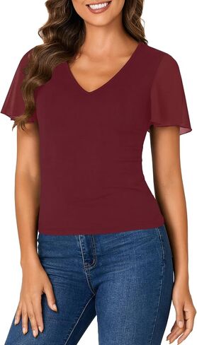 Rooscier Womens V Neck Mesh Short Sleeve Shirts Dressy Casual Tight Fitted Blouses Top in Saudi Arabia