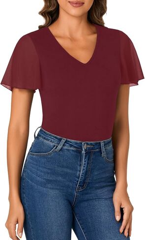 Rooscier Womens V Neck Mesh Short Sleeve Shirts Dressy Casual Tight Fitted Blouses Top in Saudi Arabia