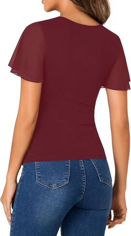 Rooscier Womens V Neck Mesh Short Sleeve Shirts Dressy Casual Tight Fitted Blouses Top in Saudi Arabia