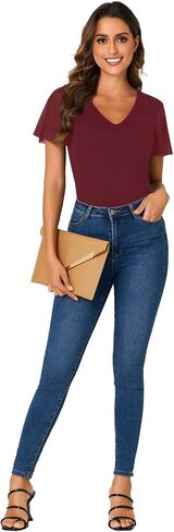 Rooscier Womens V Neck Mesh Short Sleeve Shirts Dressy Casual Tight Fitted Blouses Top in Saudi Arabia