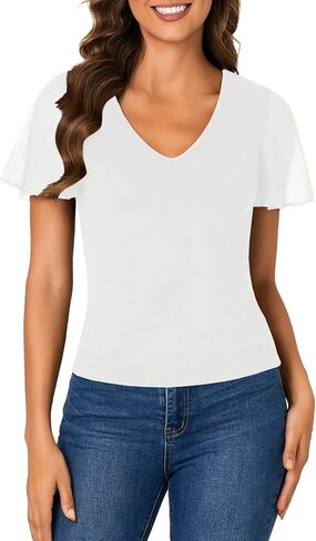 Rooscier Womens V Neck Mesh Short Sleeve Shirts Dressy Casual Tight Fitted Blouses Top in Kuwait