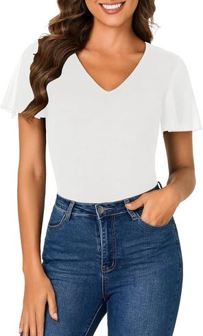 Rooscier Womens V Neck Mesh Short Sleeve Shirts Dressy Casual Tight Fitted Blouses Top in Kuwait