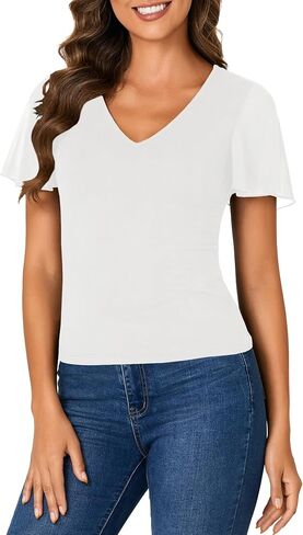 Rooscier Womens V Neck Mesh Short Sleeve Shirts Dressy Casual Tight Fitted Blouses Top in Kuwait