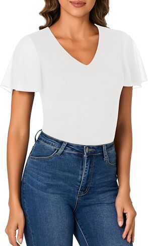 Rooscier Womens V Neck Mesh Short Sleeve Shirts Dressy Casual Tight Fitted Blouses Top in Kuwait