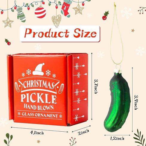 Haooryx German Christmas Pickle Ornament Tradition Decor, Glass Blown Green Cucumber Craft Pendant Tags with Rope for Christmas Tree House Decor Tradition Xmas Holiday Party Favor Gift Supply in Saudi Arabia