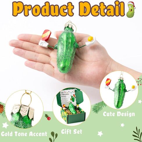 Haooryx German Christmas Pickle Ornament Tradition Decor, Glass Blown Green Cucumber Craft Pendant Tags with Rope for Christmas Tree House Decor Tradition Xmas Holiday Party Favor Gift Supply in Saudi Arabia