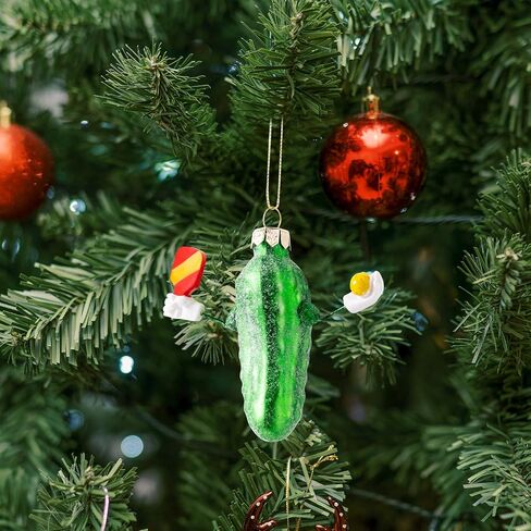 Haooryx German Christmas Pickle Ornament Tradition Decor, Glass Blown Green Cucumber Craft Pendant Tags with Rope for Christmas Tree House Decor Tradition Xmas Holiday Party Favor Gift Supply in Saudi Arabia
