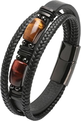 Tiger Eye Mens Bracelet - Stainless Steel Row Punk Cuff Bracelets for Men - Black Multilayer Leather Jewelry in Saudi Arabia