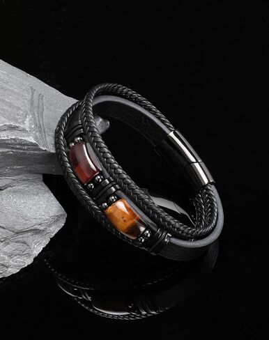 Tiger Eye Mens Bracelet - Stainless Steel Row Punk Cuff Bracelets for Men - Black Multilayer Leather Jewelry in Saudi Arabia