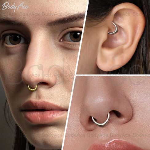 BodyAce 16G Septum Rings Hinged Nose Clicker, Flower Tragus Hoops Earring Stacked Nose Rings, Gold Conch Daith Piercing 8mm 10mm Cartilage Jewelry in Saudi Arabia