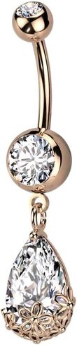 Pierced Owl 14GA Stainless Steel Floral Dangling Pear Shaped CZ Crystal Belly Button Ring in Saudi Arabia