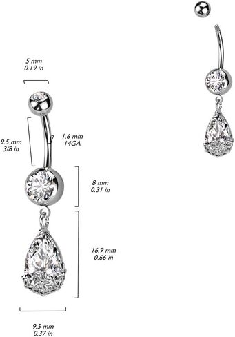 Pierced Owl 14GA Stainless Steel Floral Dangling Pear Shaped CZ Crystal Belly Button Ring in Saudi Arabia